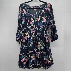 O’Neill Miki Henley Ball Pink Floral Print 3/4 Sleeve Cinch Waist Short Dress